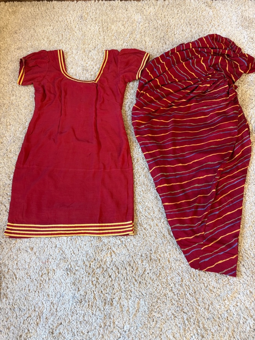 Women's Red Short Sleeve with Striped Trim Beautiful Indian salwar suit